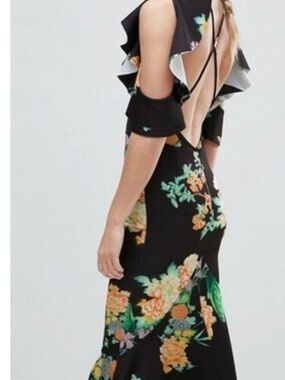 ASOS Black Floral Backless Maxi Dress with Ruffle Sleeves